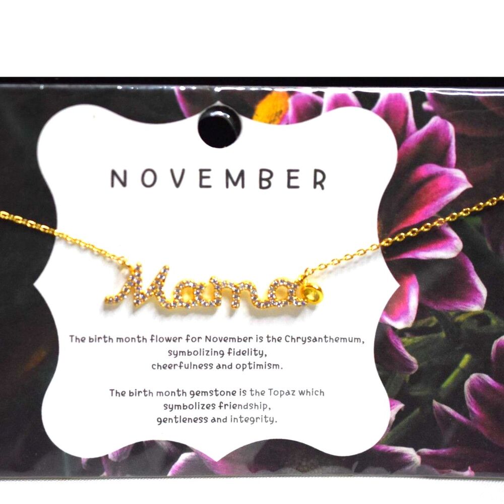 NIP November Gold Tone "Mama" Crystal Accent Birthstone Charm15.5" Necklace